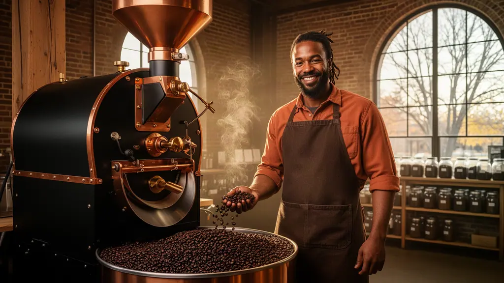 Smiling coffee roaster in a rust shirt and brown apron letting roasted beans fall from his hand beside a black and copper roaster